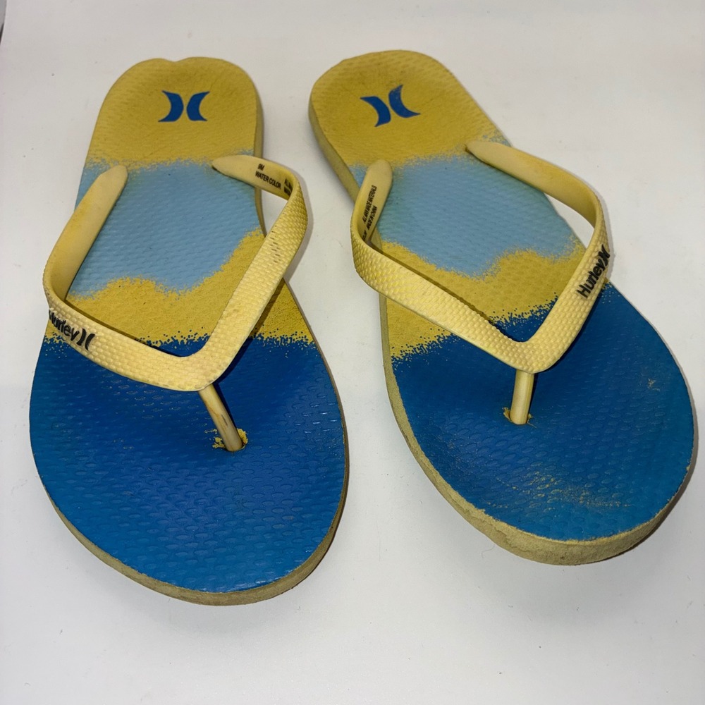 Hurley Mens Flip Flops Blue Yellow Watercolor Gradient‎ Sandals Size 9M